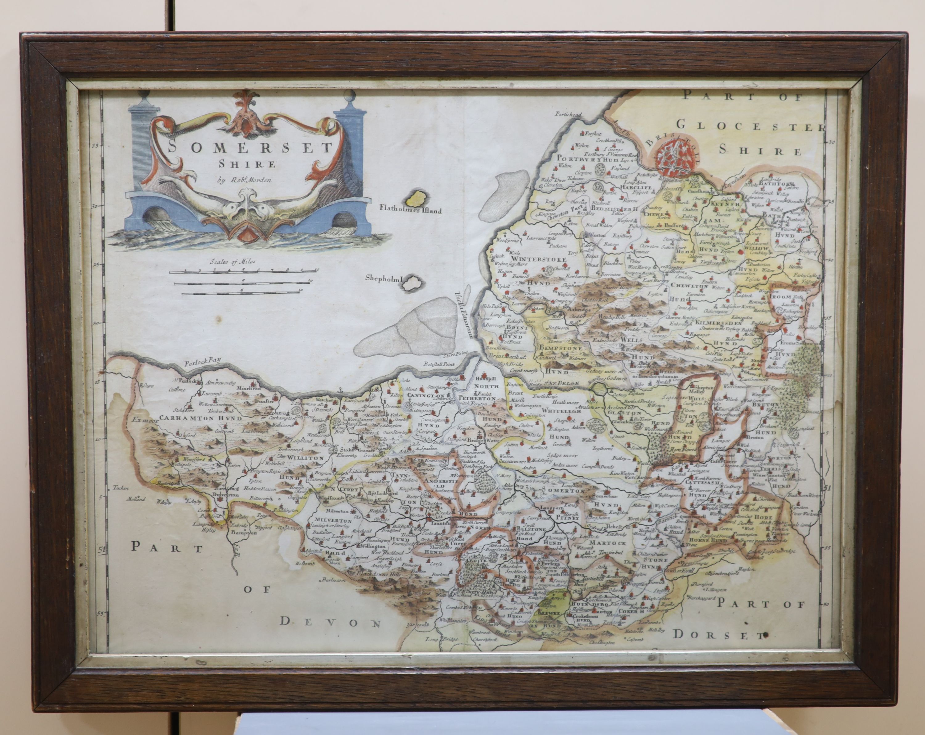 Robert Morden, coloured engraving, Map of Somersetshire, 32 x 43cm and two smaller maps of Wiltshire and India